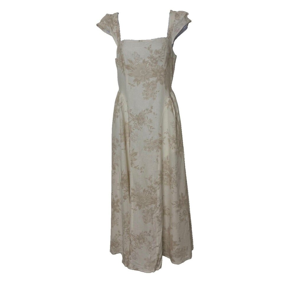 NWT Blu Pepper Cap Sleeve Floral Square Neck A Line Midi Dress Medium Beige - Picture 2 of 12